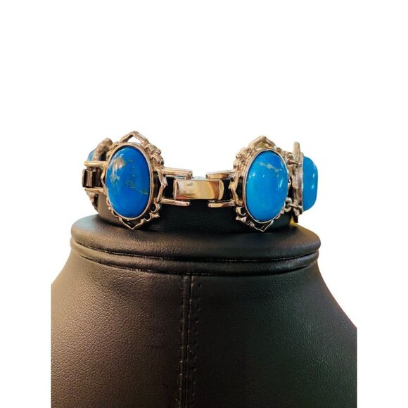 JBK Signed Faux Turquoise Link Bracelet Jacqueline Kennedy 1980s 7-8.2" Adjustab - Picture 8 of 16